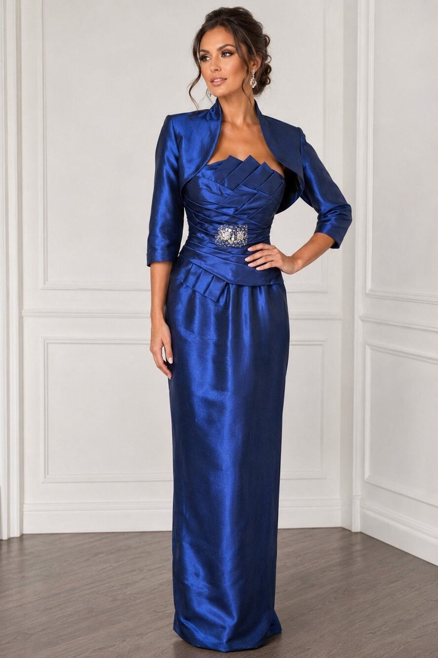 Daymor Couture Cobalt Blue Asymmetrical Pleated Gown & Bolero Set Sz 8 Dress NWT